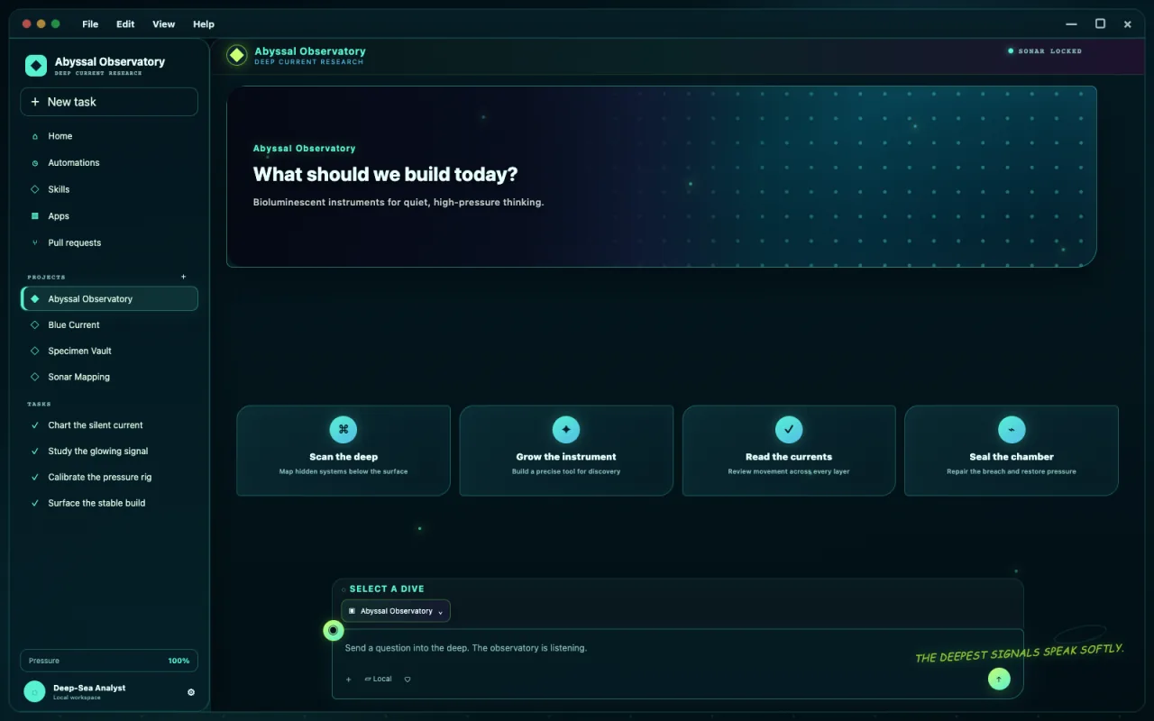 Complete Abyssal Observatory Codex skin with bioluminescent sonar banner, deep-sea cards, sidebar, and composer