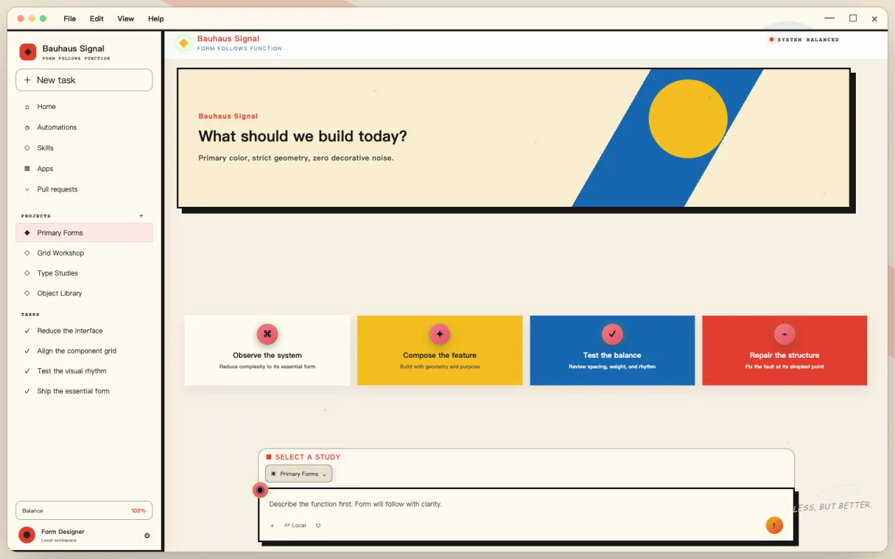 Complete Bauhaus Signal Codex skin with primary geometry, functional cards, structured sidebar, and composer
