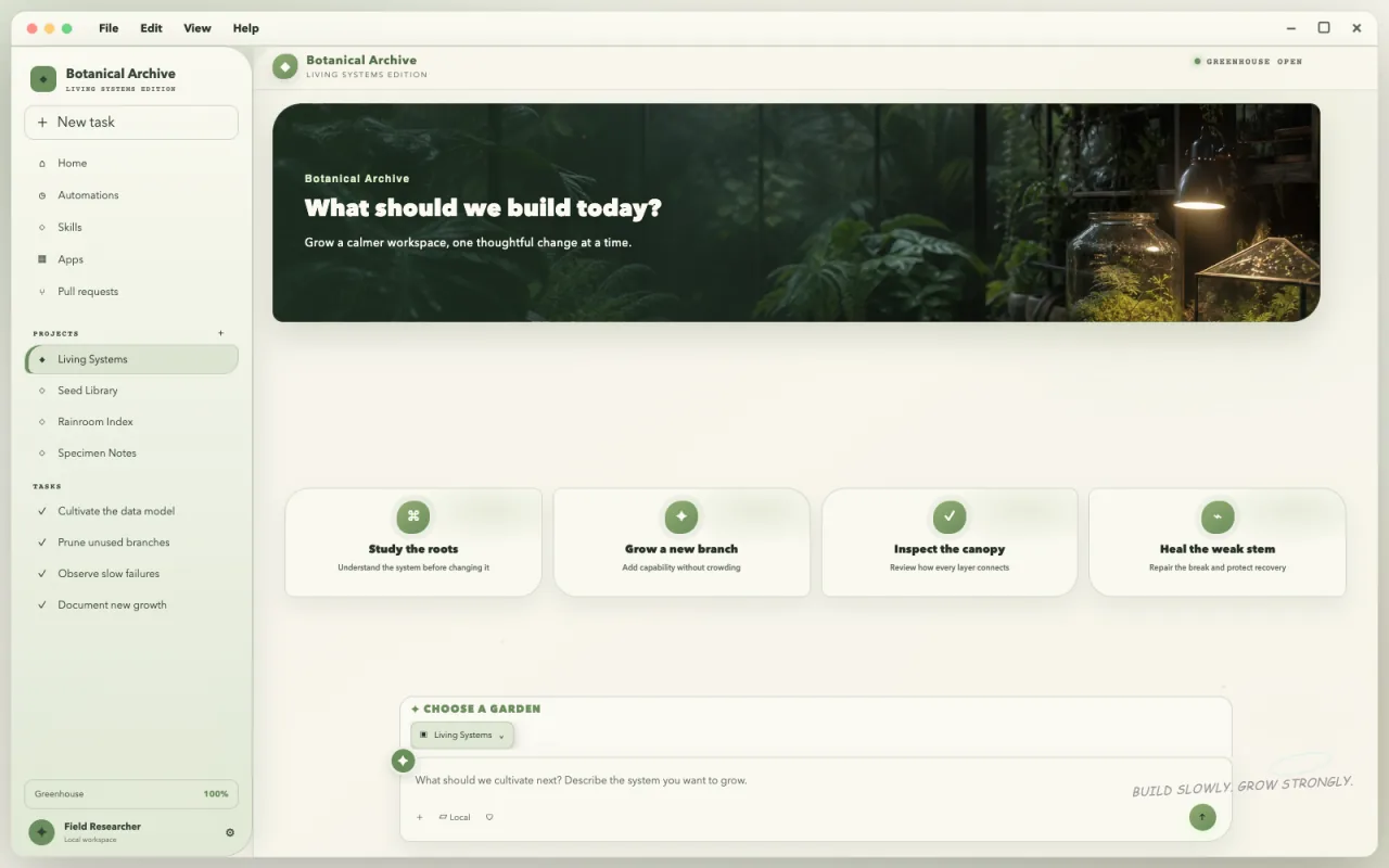 Complete Botanical Archive Codex skin with greenhouse banner, organic cards, sidebar, and composer