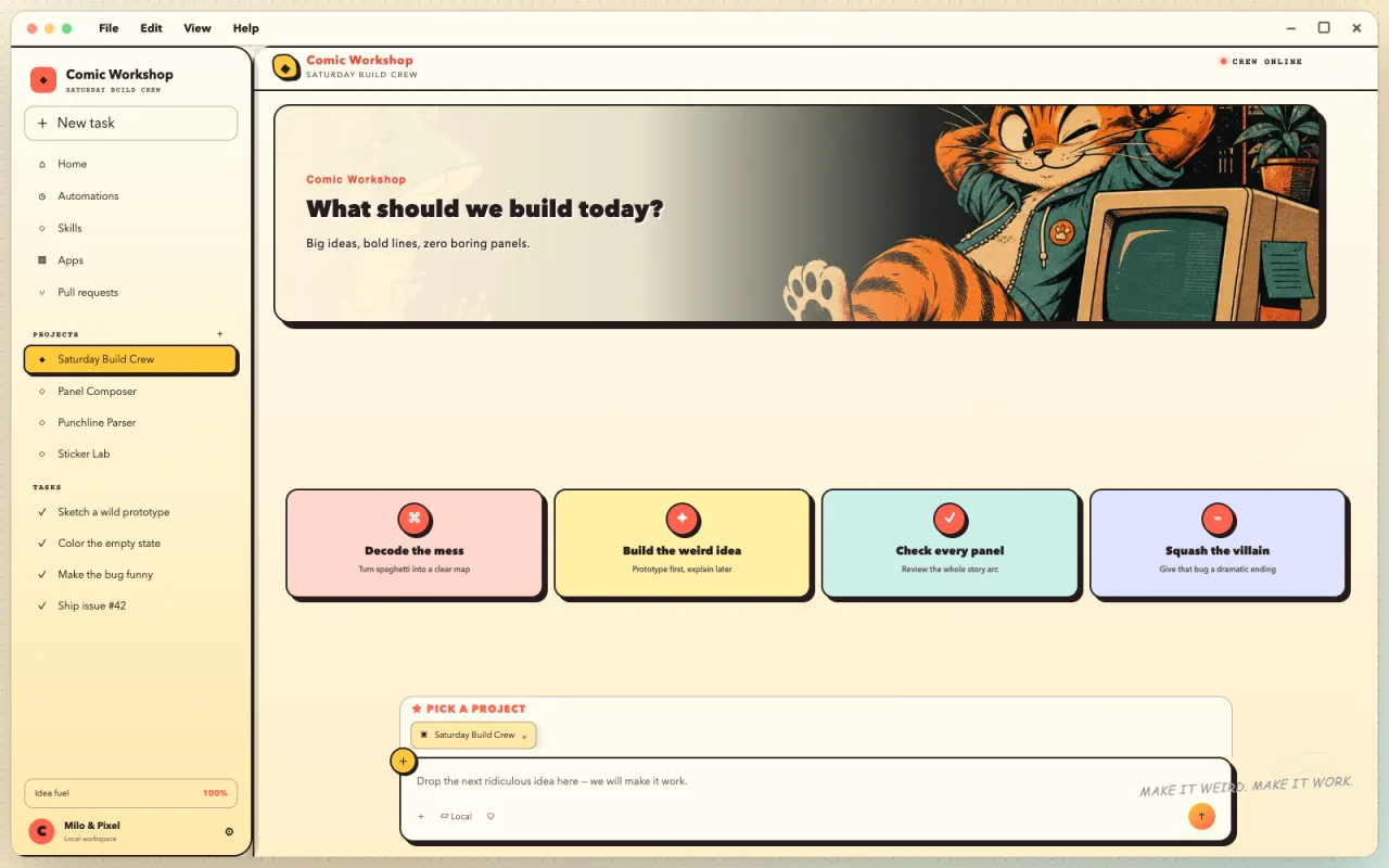 Complete Comic Workshop Codex skin with themed sidebar, banner, cards, projects, and composer