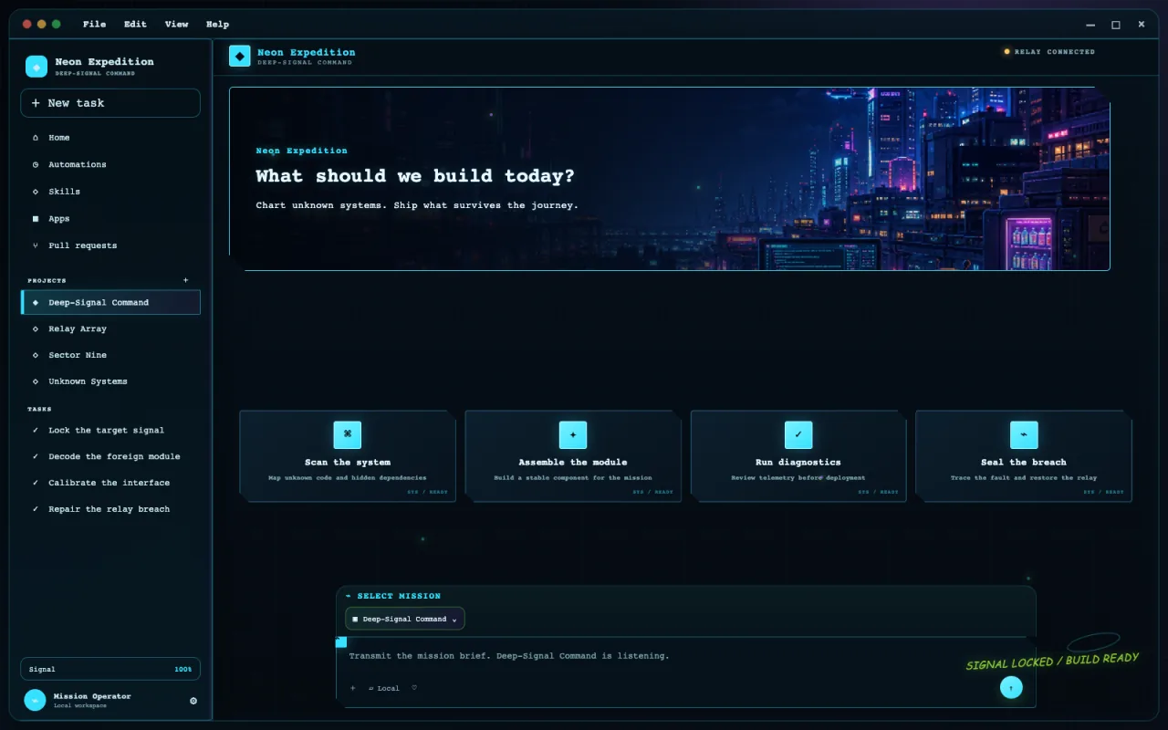 Complete Neon Expedition Codex skin with command sidebar, sci-fi banner, telemetry cards, and composer