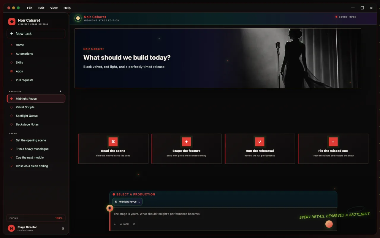 Complete Noir Cabaret Codex skin with theatrical stage banner, red spotlight accents, sidebar, and composer