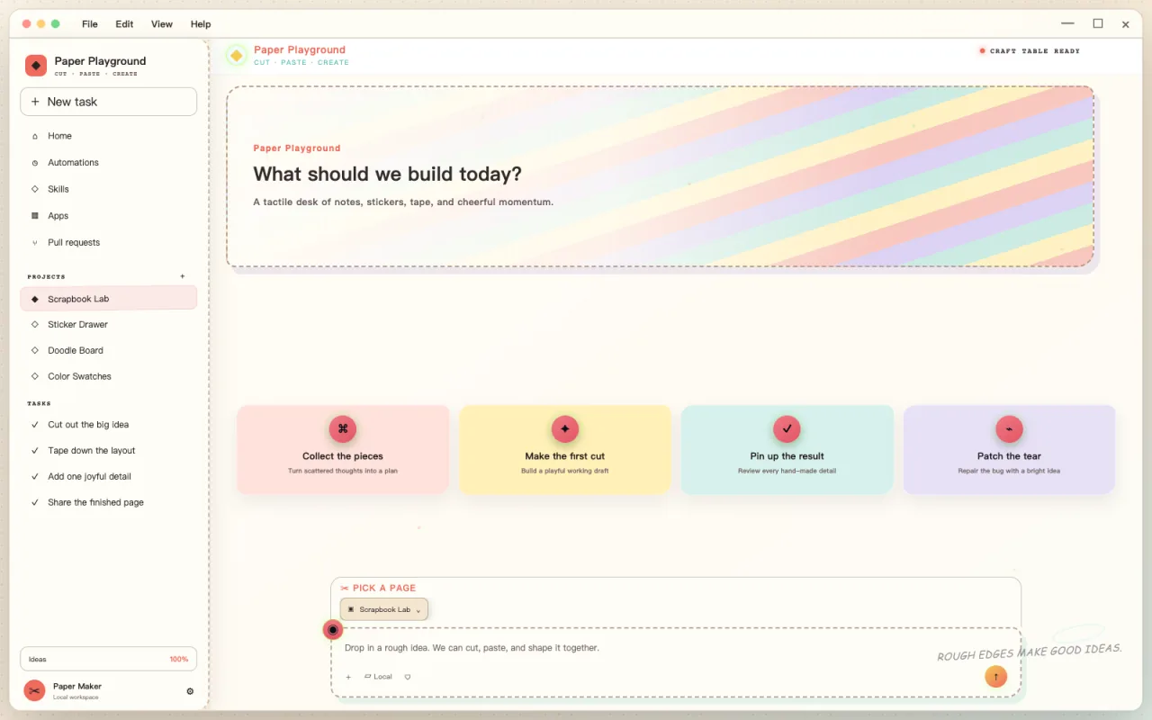 Complete Paper Playground Codex skin with scrapbook stripes, pastel cards, dashed borders, and composer