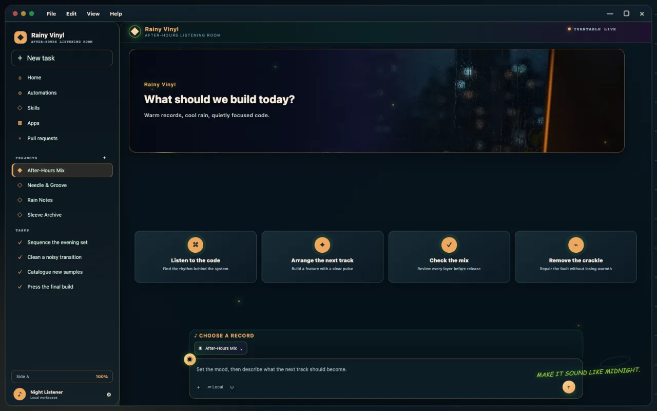 Complete Rainy Vinyl Codex skin with warm listening-room banner, music projects, dark cards, and composer