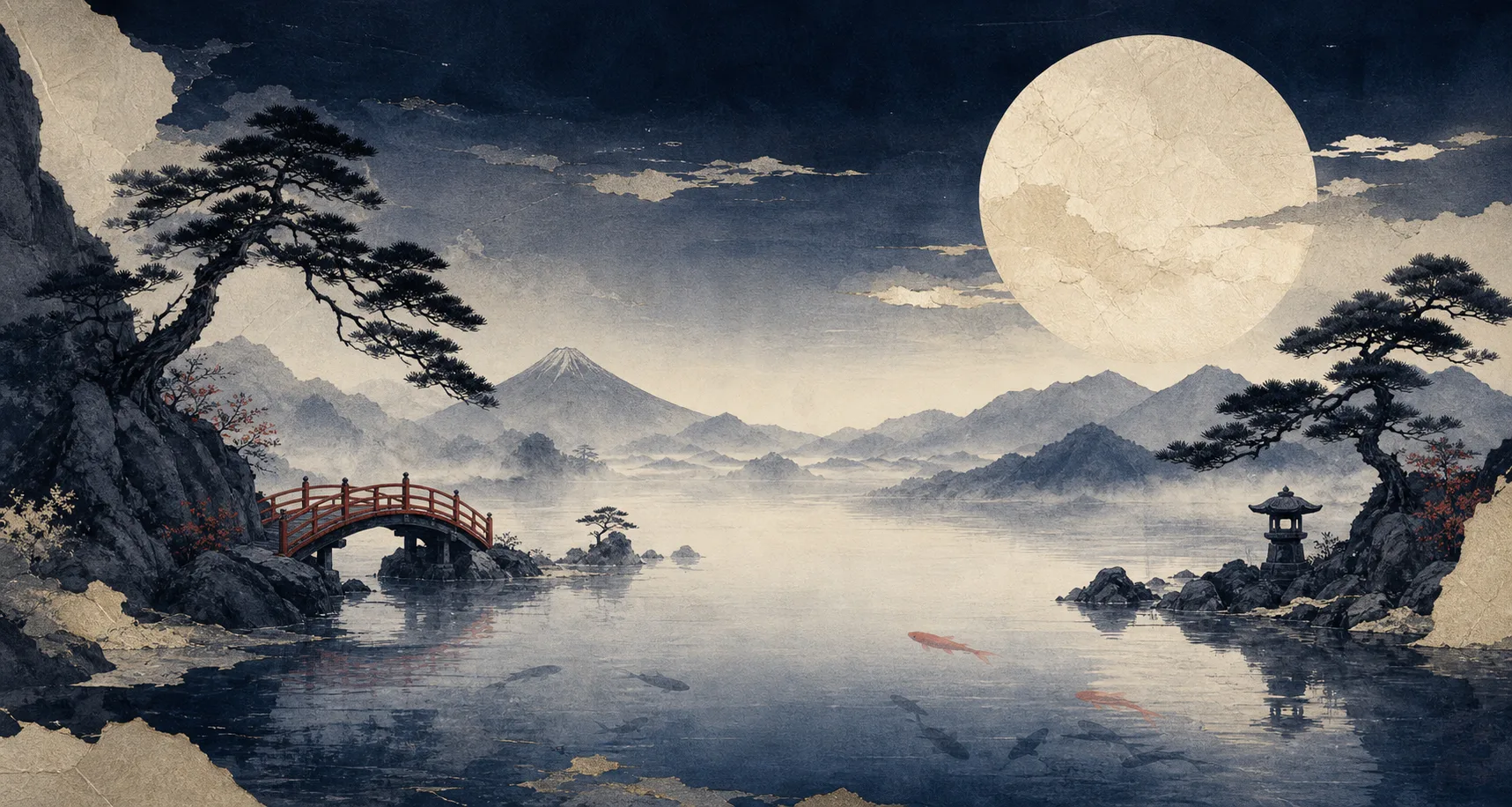 Original moonlit ink wash lake and mountain theme