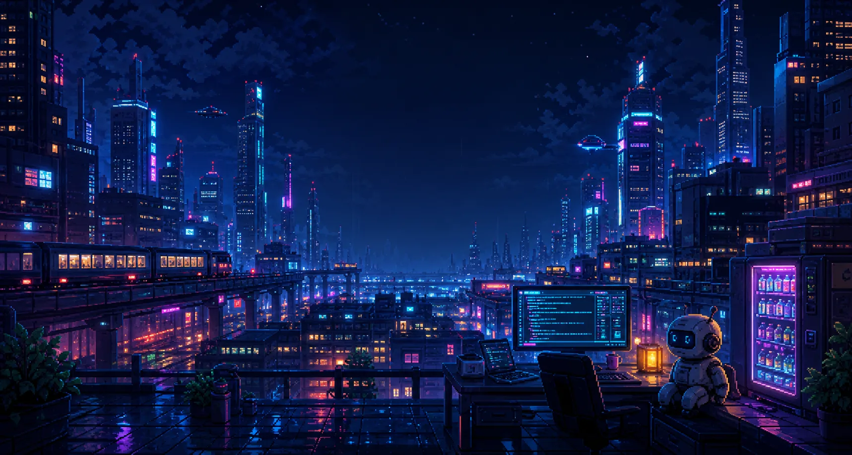 Original pixel-art neon rooftop coding city theme