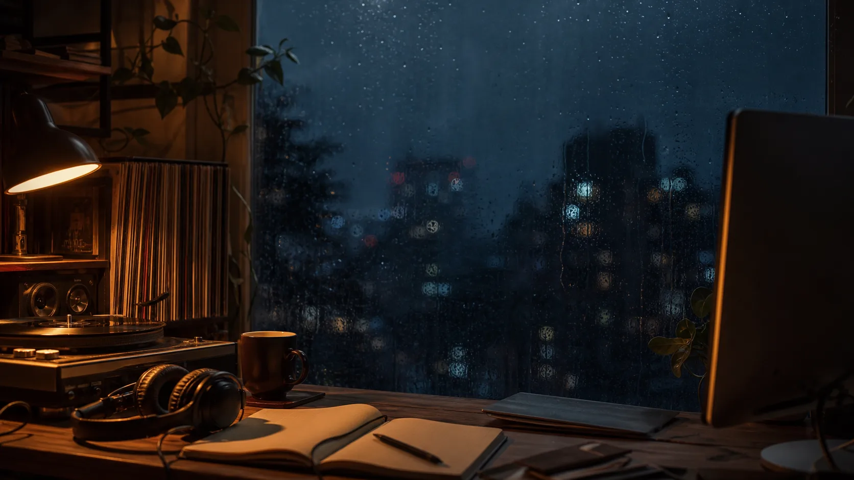Original rainy night vinyl record workspace theme