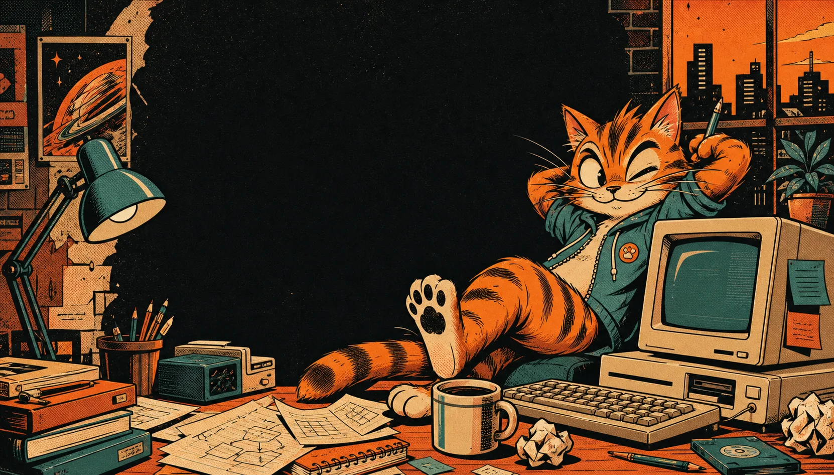 Original retro comic orange cat coder theme